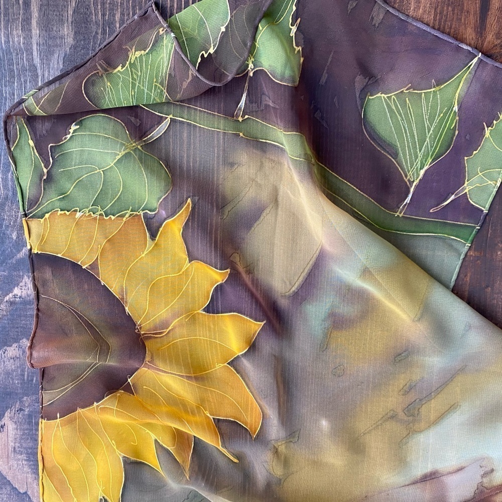 Vintage sunflowers handpainted silk chiffon scarf - Picture 1 of 8